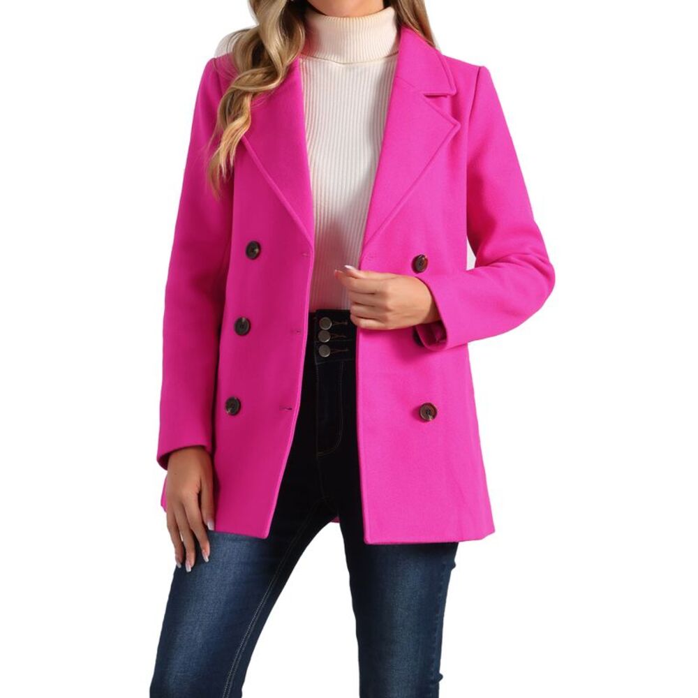 Long Sleeves Double Breasted Button Winter Outerwear Pea Coat Hot Pink